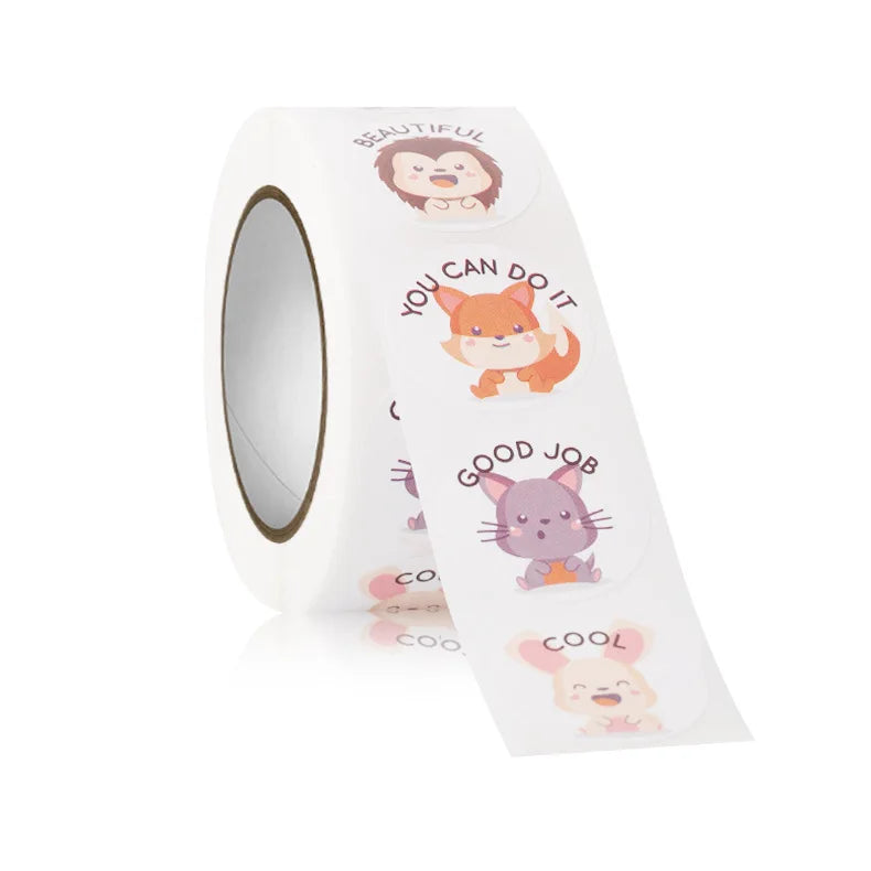 100-500 Pcs 1inch/2.5cm Animal Good Job Cool Stickers Roll for Envelope Praise Reward Student Work Label Stationery Seal Lable