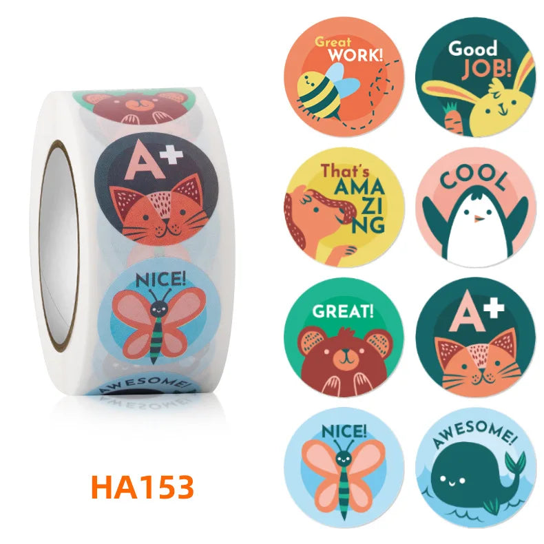 100-500 Pcs 1inch/2.5cm Animal Good Job Cool Stickers Roll for Envelope Praise Reward Student Work Label Stationery Seal Lable