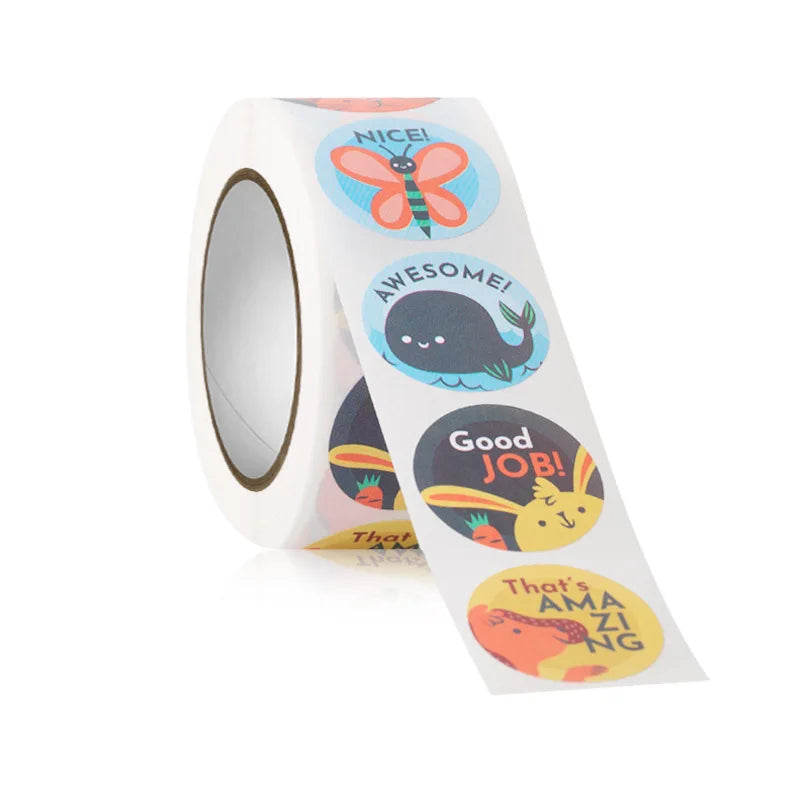 100-500 Pcs 1inch/2.5cm Animal Good Job Cool Stickers Roll for Envelope Praise Reward Student Work Label Stationery Seal Lable