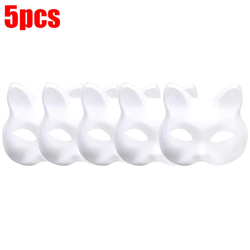 10-50PCS Therian Masks With Straps White Cat Masks Blank DIY Halloween Mask Animal Half Facemasks Masquerade Cosplay Party