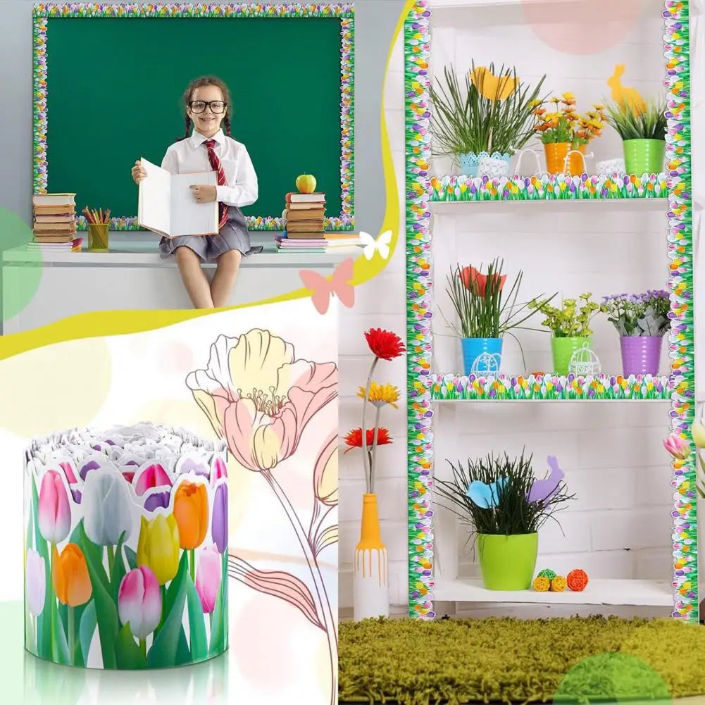 Adhesive Paper Decorative Tulip Flower Trim Border for School Classroom Chalkboard Floral Bulletin for Blackboard