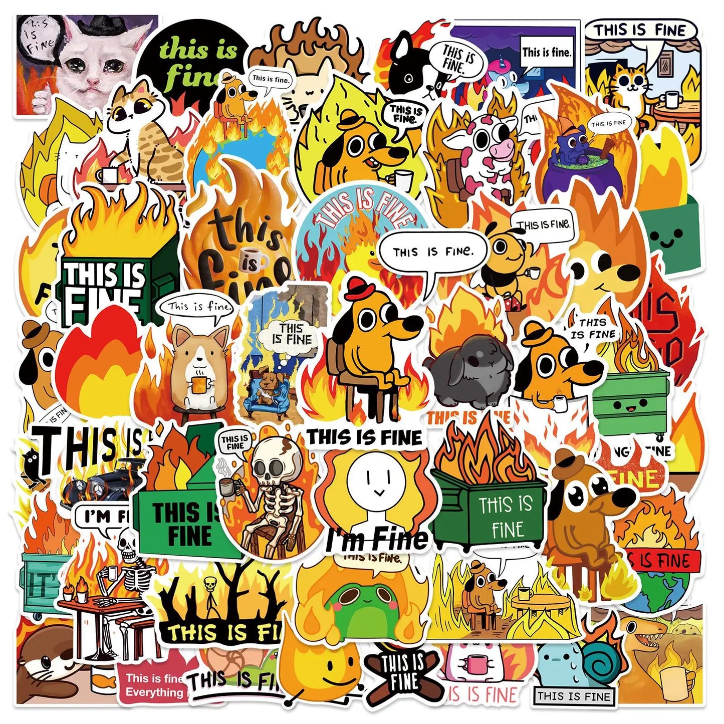 50Pcs Funny This Is Fine Stickers This Is Fine MeMe DIY Sticker Scrapbooking Phone Luggage Skateboard  Waterproof Decals