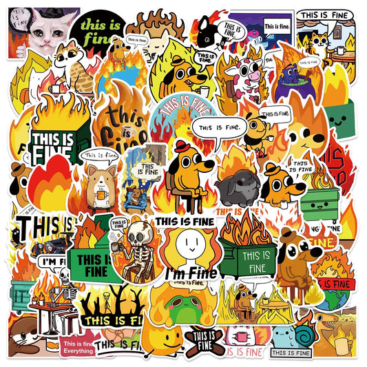 50Pcs Funny This Is Fine Stickers This Is Fine MeMe DIY Sticker Scrapbooking Phone Luggage Skateboard  Waterproof Decals