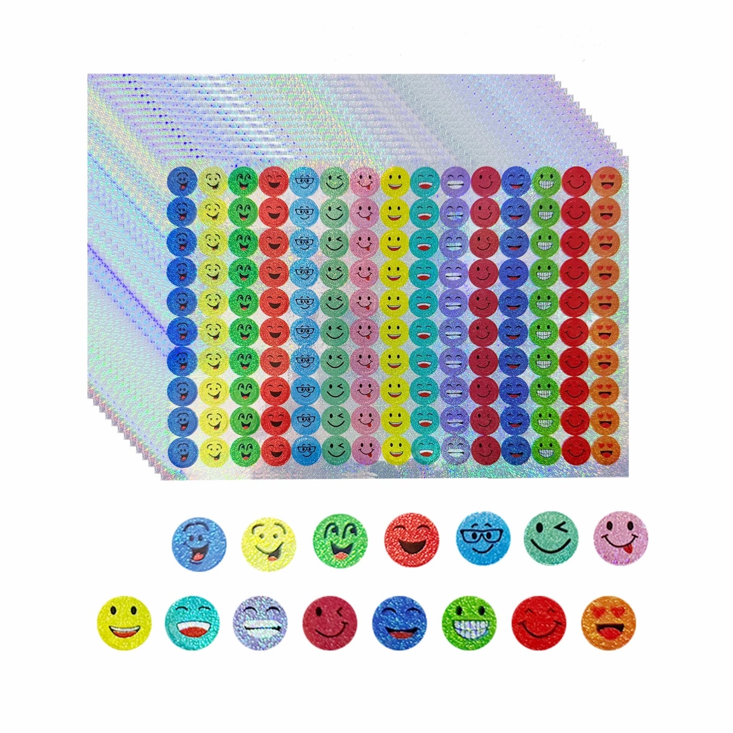 1500 Pcs Glitter Foil Small Round Stickers, 15 Designs Happy Face Stickers for Student Reward, Glitter Foil Star Stickers