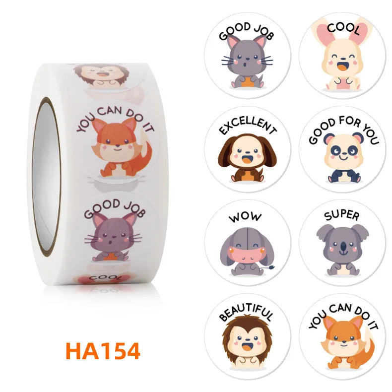 100-500 Pcs 1inch/2.5cm Animal Good Job Cool Stickers Roll for Envelope Praise Reward Student Work Label Stationery Seal Lable