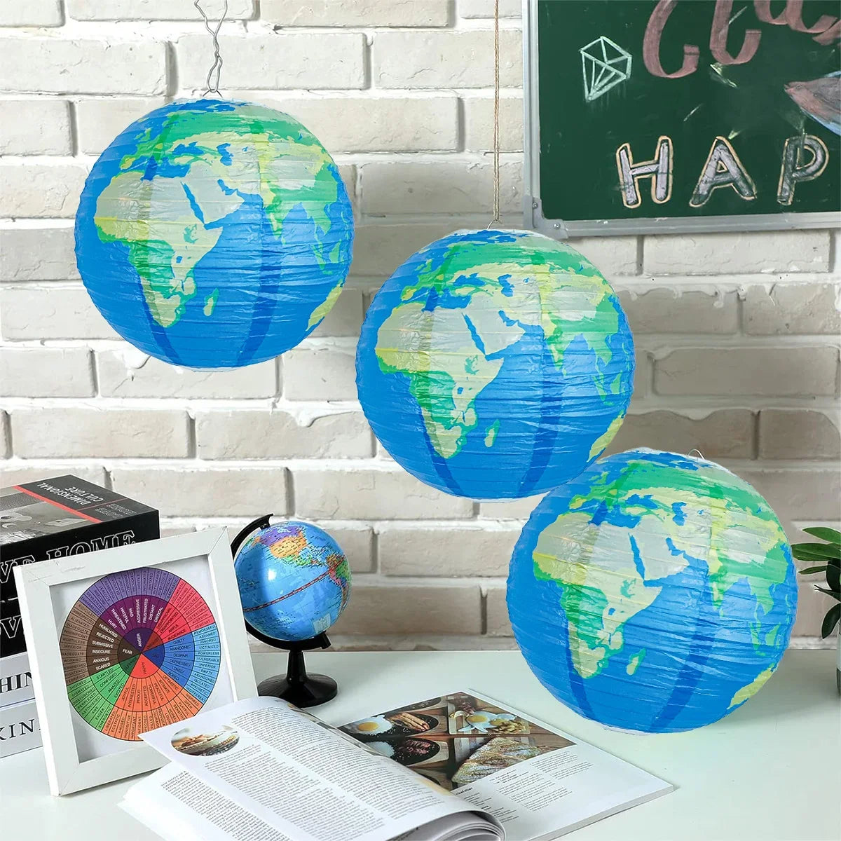 World Map Paper Lanterns, Paper Lanterns, Map, Classroom Lantern Decor, 12 ", 5 Pcs