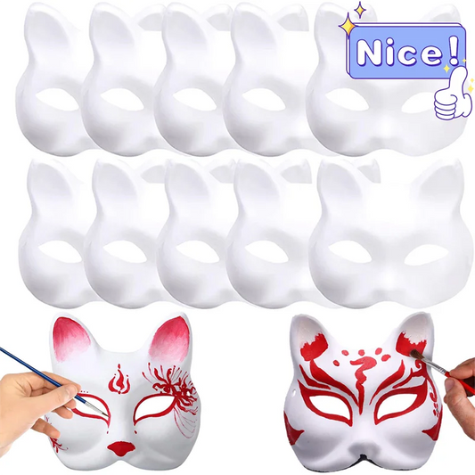 10-50PCS Therian Masks With Straps White Cat Masks Blank DIY Halloween Mask Animal Half Facemasks Masquerade Cosplay Party