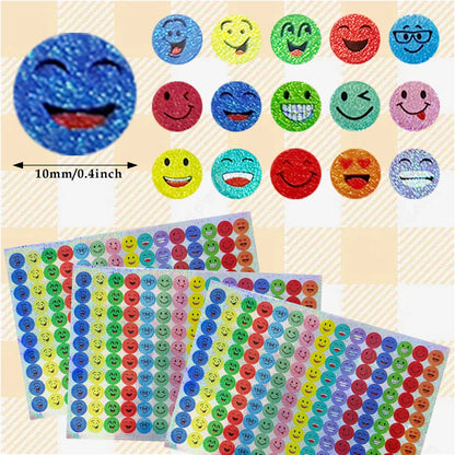 1500 Pcs Glitter Foil Small Round Stickers, 15 Designs Happy Face Stickers for Student Reward, Glitter Foil Star Stickers