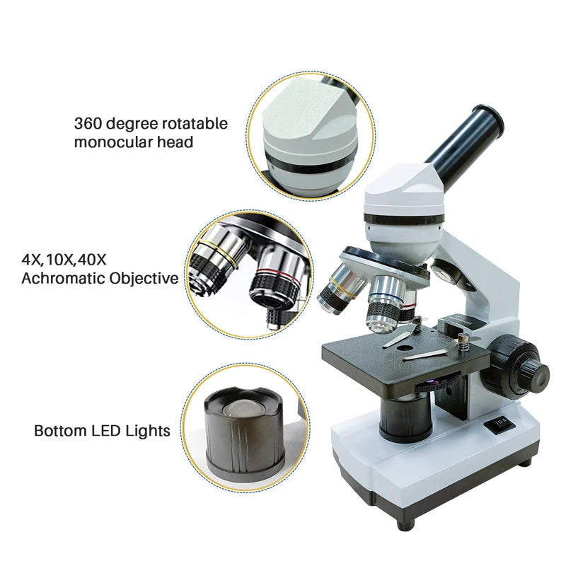 Compound Microscope for Adults Students 40X-2500X Lab Microscopes with Phone Adapter Slides Set  for School Home Education