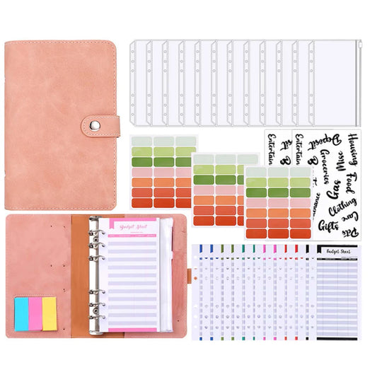 A6 Budget Planner PU Leather Notebook Binder Organizer Cash Envelopes Wallet Binder Cover Zipper Pockets Budget Sheets