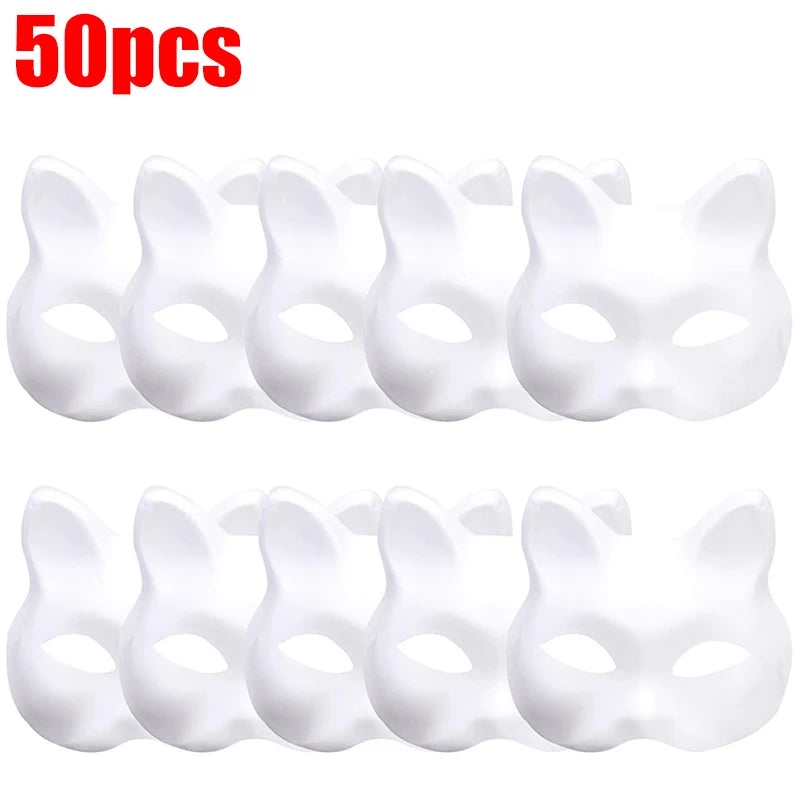 10-50PCS Therian Masks With Straps White Cat Masks Blank DIY Halloween Mask Animal Half Facemasks Masquerade Cosplay Party