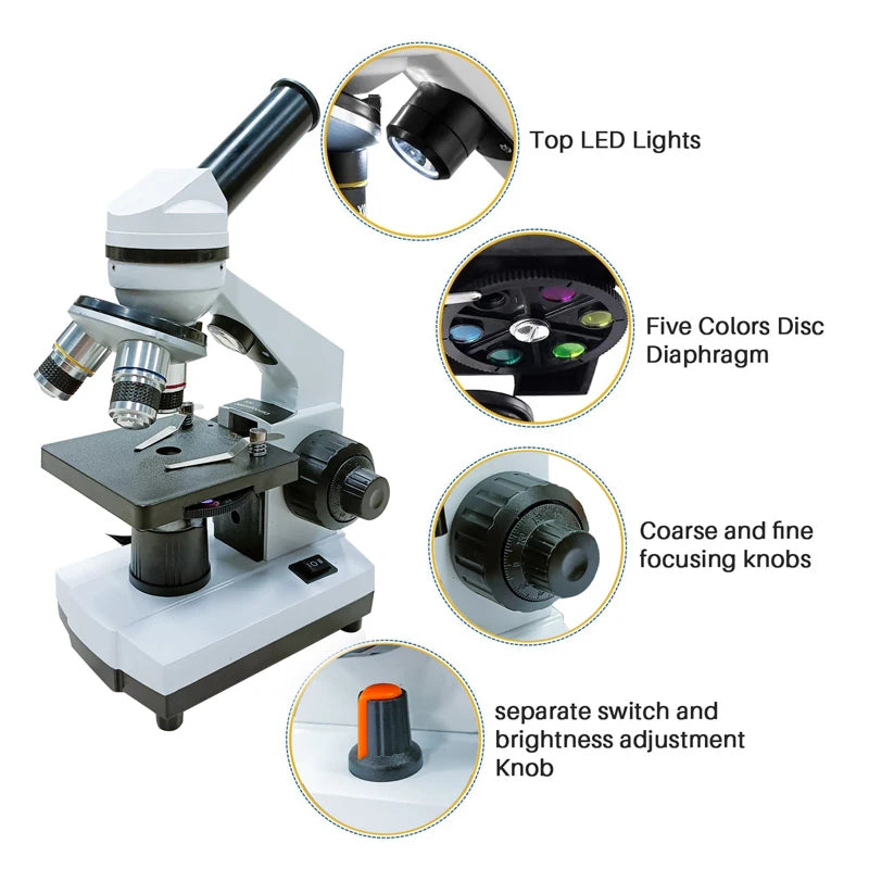 Compound Microscope for Adults Students 40X-2500X Lab Microscopes with Phone Adapter Slides Set  for School Home Education