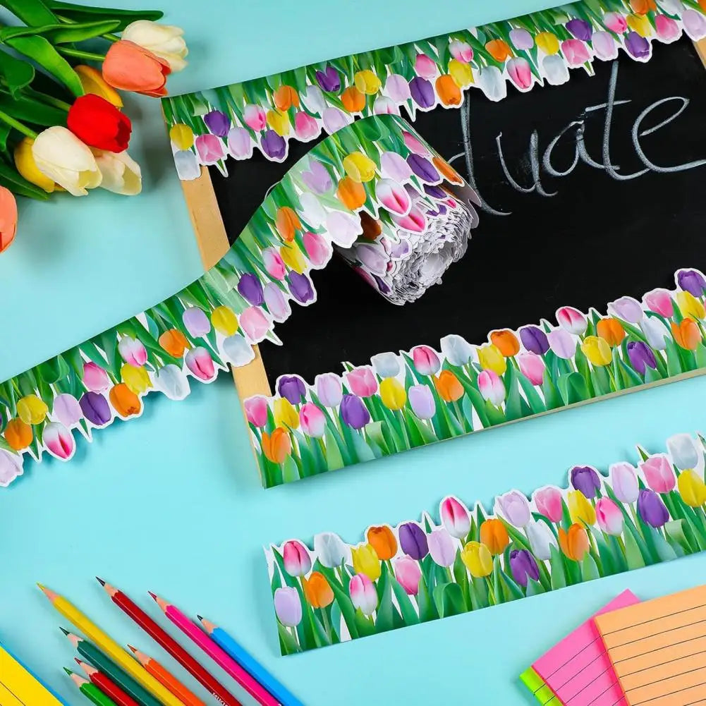 Adhesive Paper Decorative Tulip Flower Trim Border for School Classroom Chalkboard Floral Bulletin for Blackboard