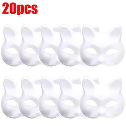 10-50PCS Therian Masks With Straps White Cat Masks Blank DIY Halloween Mask Animal Half Facemasks Masquerade Cosplay Party