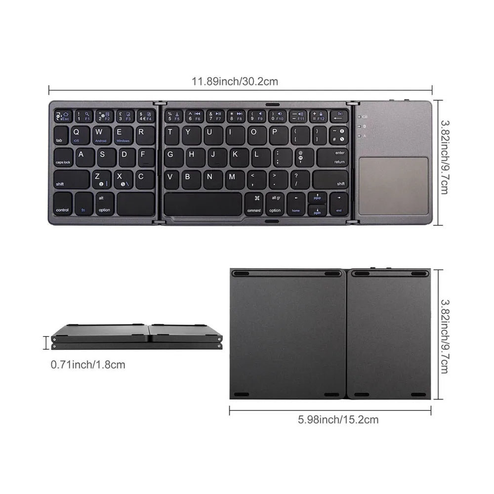 B033 Mini Wireless Keyboard Bluetooth Touchpad Portable Magnetic Triple Folding Keyboard for Windows Android IOS iPad