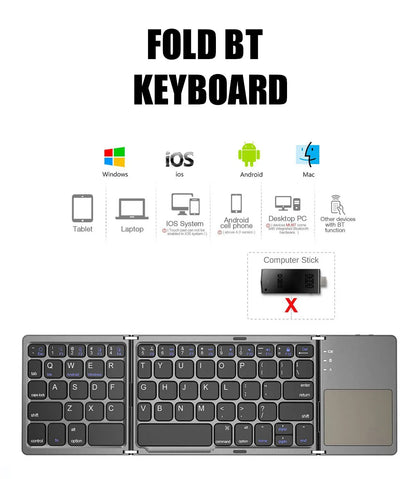 B033 Mini Wireless Keyboard Bluetooth Touchpad Portable Magnetic Triple Folding Keyboard for Windows Android IOS iPad