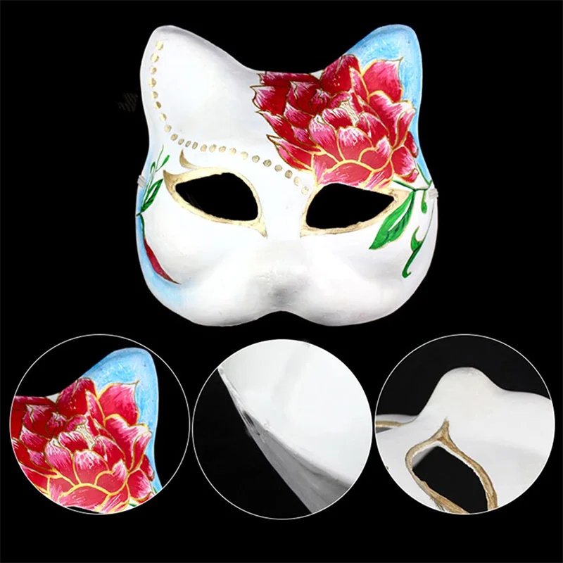 10-50PCS Therian Masks With Straps White Cat Masks Blank DIY Halloween Mask Animal Half Facemasks Masquerade Cosplay Party