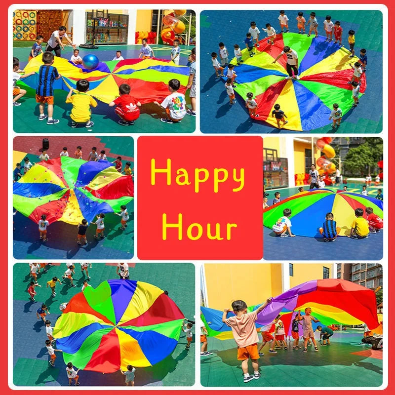 2M/6M Diameter Kids Outdoor Teamwork Game Prop Rainbow Parachute Toys Jump Bag Bounce Play Mat School Activity Puzzle Game