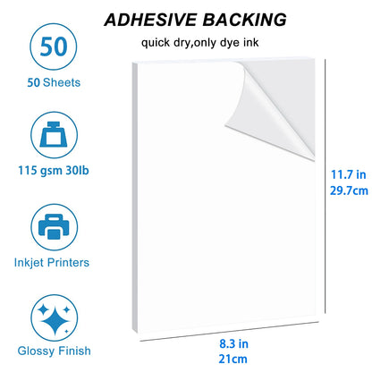 ESHANG Self-Adhesive Photo Paper, A4 Glossy Sticker Paper for Inkjet Printer, 8.3 x 11.7 Inch, 50 Sheets, 135 gsm 36Ib