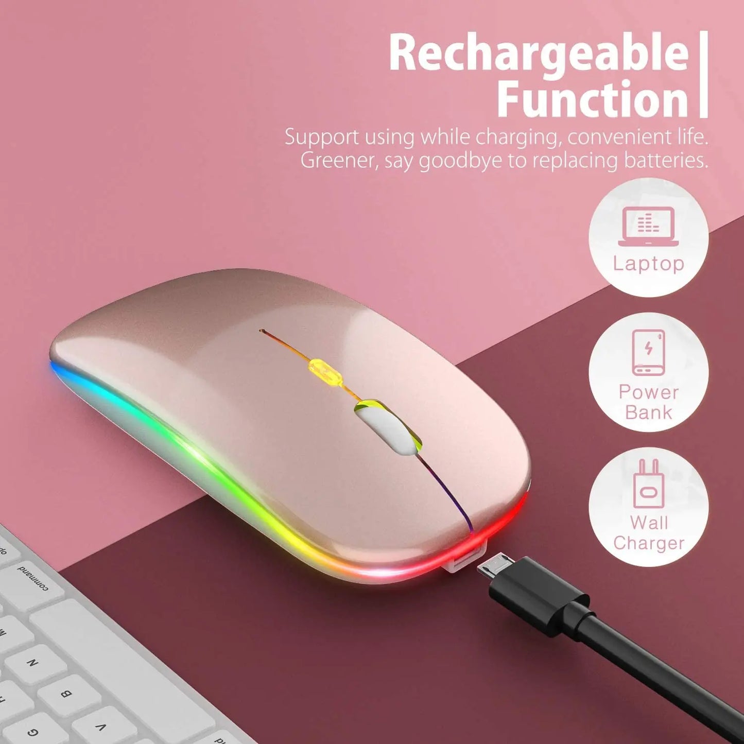 Rechargeable Wireless Mouse Colorful Backlit Mosue Silent Mute Computer Accessories for Home /Office / Games