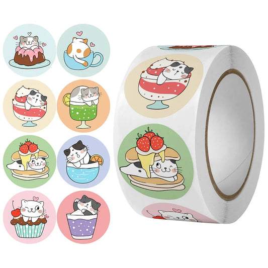 100-500pcs Cartoon Cat Stickers Round Adhesive Labels For Kids Children Teacher Prize Business Gift Wraps Decorative Stickers