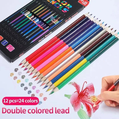 Color Pencil 12 Pcs Art Painting Set Double Heads Water-soluble 24 Colors Pencil Triangle Log Children Sketch Draw Art Supply