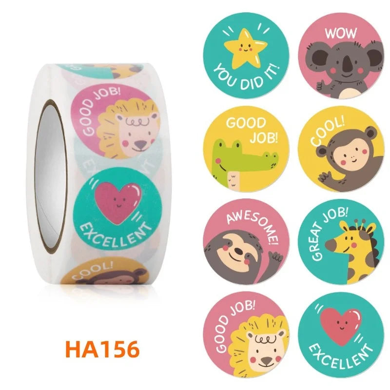 100-500 Pcs 1inch/2.5cm Animal Good Job Cool Stickers Roll for Envelope Praise Reward Student Work Label Stationery Seal Lable