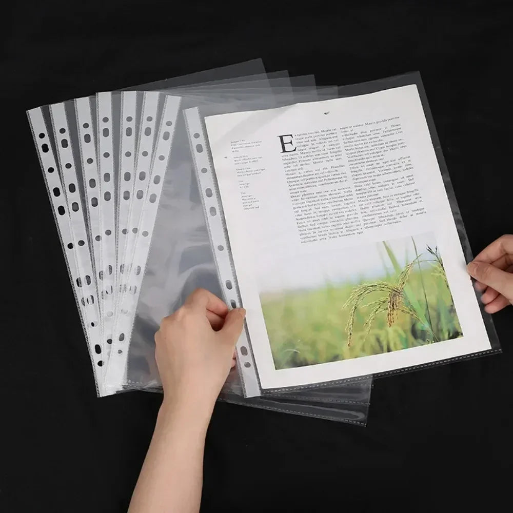 100pcs 11holes Transparent Plastic Punched File Folders for A4 Documents Sleeves Leaf Bag Protector Office Supplies