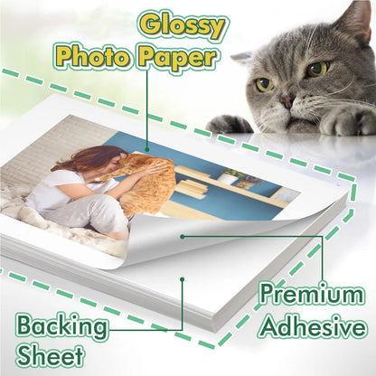 ESHANG Self-Adhesive Photo Paper, A4 Glossy Sticker Paper for Inkjet Printer, 8.3 x 11.7 Inch, 50 Sheets, 135 gsm 36Ib