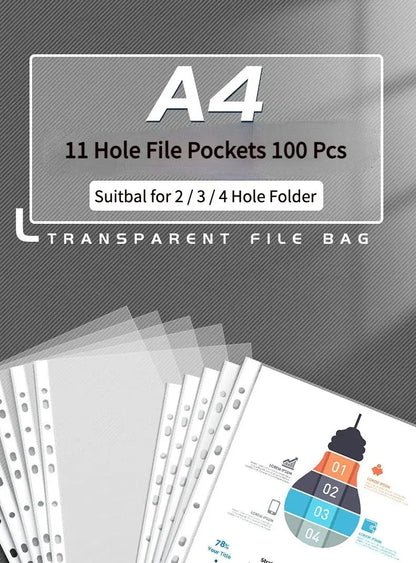 100pcs 11 Hole A4 File Pockets Ring Binder File Folder Jackets File Bag for Hole Ring Binder Folder (3C/6C Thickness)