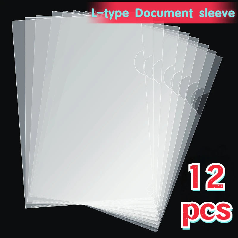 12Pcs Document Bag Waterproof Folder A4 Clear File Display Book L Type Plastic Project Pockets Reusable Resume Sleeves