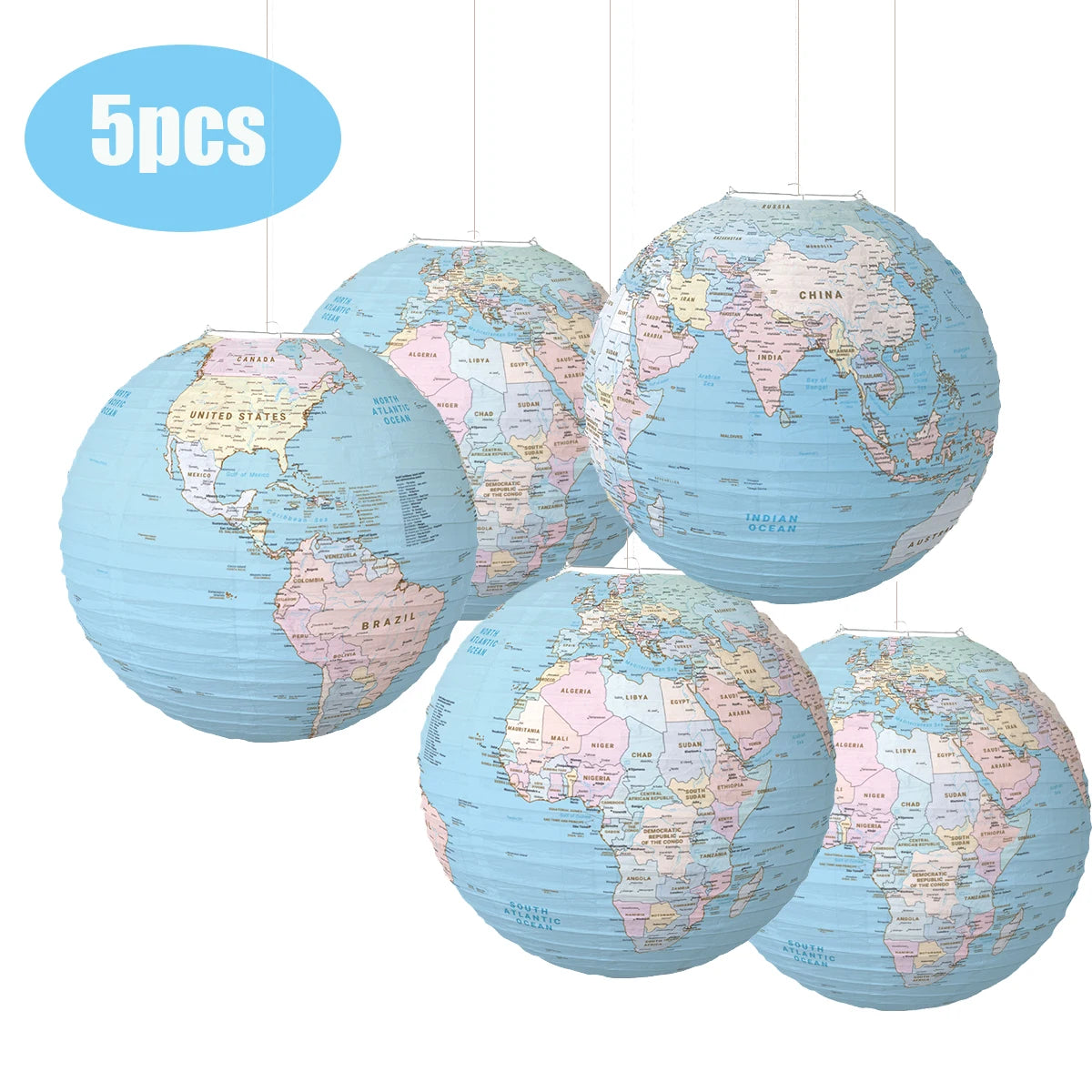 World Map Paper Lanterns, Paper Lanterns, Map, Classroom Lantern Decor, 12 ", 5 Pcs