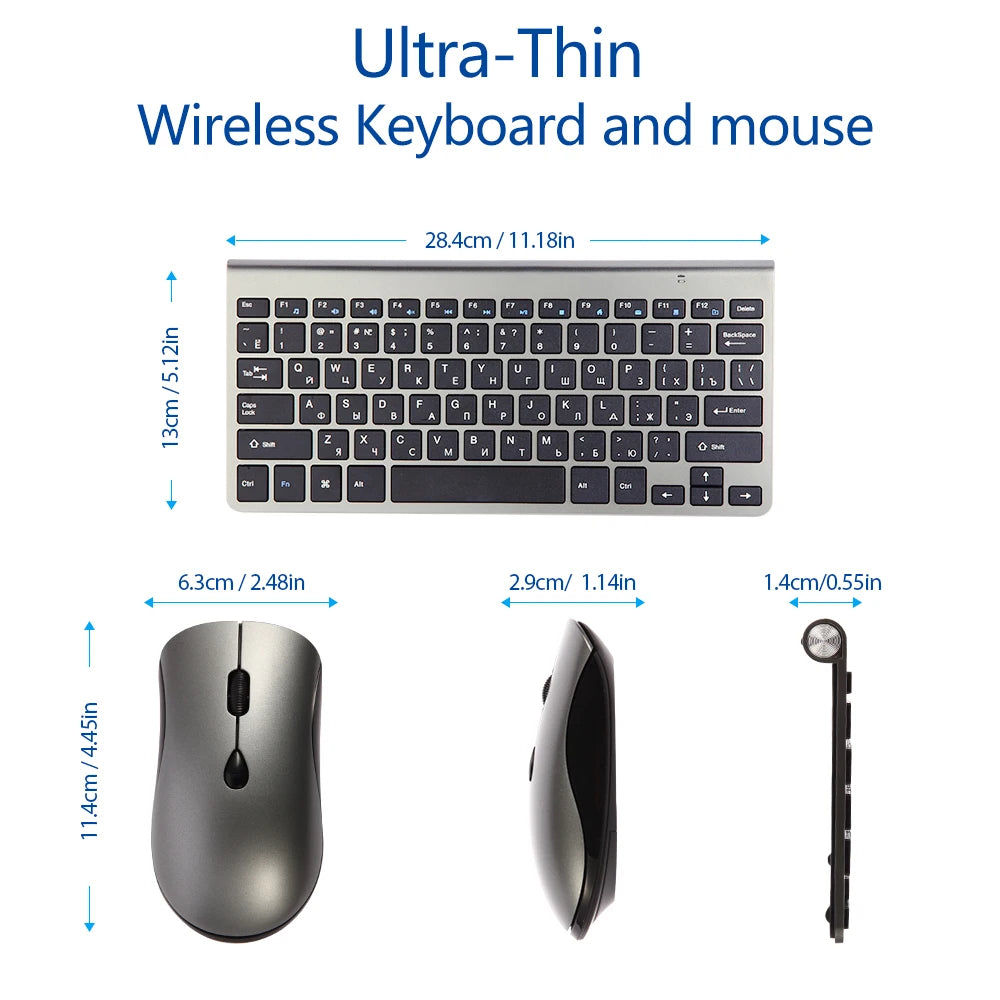 2.4G Wireless Keyboard and Mouse, Russian/Korean/Hebrew USB Protable Mini Keyboard Mice Set for PC Laptop