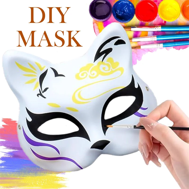 10-50PCS Therian Masks With Straps White Cat Masks Blank DIY Halloween Mask Animal Half Facemasks Masquerade Cosplay Party